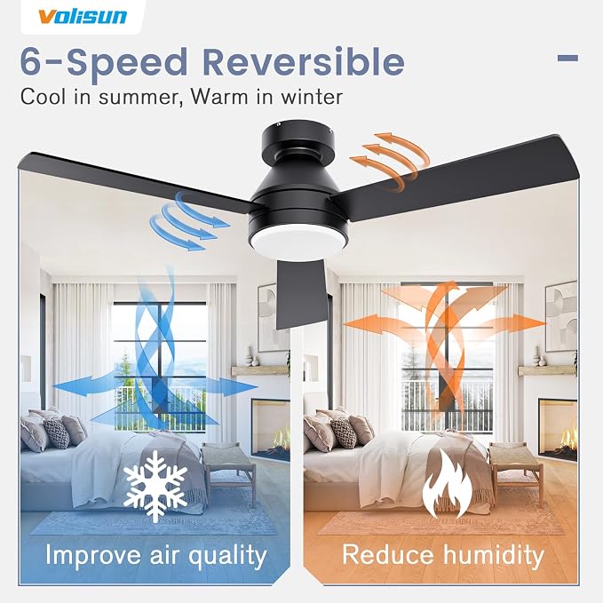 VOLISUN Ceiling Fans with Lights Flush Mount, 52 inch Low Profile Ceiling Fan with Light and Remote, Queit & Reversible Motor,3CCT, Dimmable, Black Modern Ceilings Fans for Bedroom, Living Room