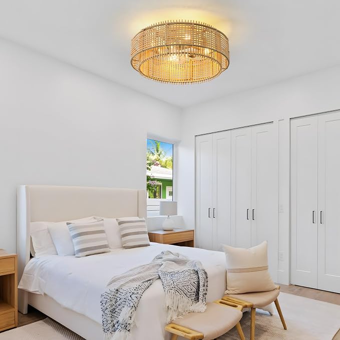 Rattan Boho Ceiling Fans Lights: 19.3'' Low Profile Layered Ceiling Fans with Light & Remote Control Flush Mount Modern Fandelier with Reversible 6 Speeds for Bedroom, Nursery, Living Room, E26 Base