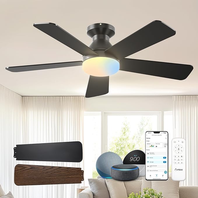 Amico 42 inch Smart Ceiling Fans with Lights, Small Low Profile Ceiling Fan, Remote/Alexa Voice Control, Flush Mount, Reversible DC Motor, 5 Blades, 6 Speeds, 3CCT, Dimmable, Noiseless, Bedroom, Black