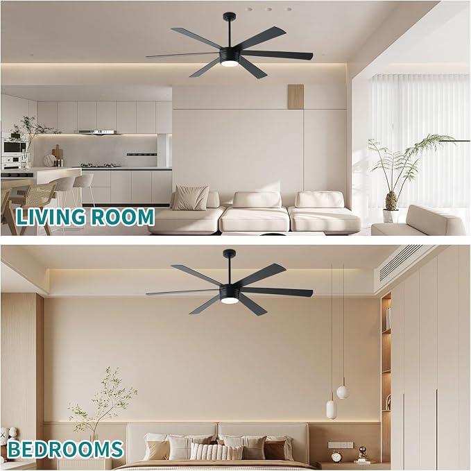 SHOWDI Black Ceiling Fans with Lights and Remote, Quick Installation, 72 in | 2 Blade Color, Metal Material, App Remote Control, Timer, Reversible, 3CCT, Dimmable for Bedroom, Living room, Indoor