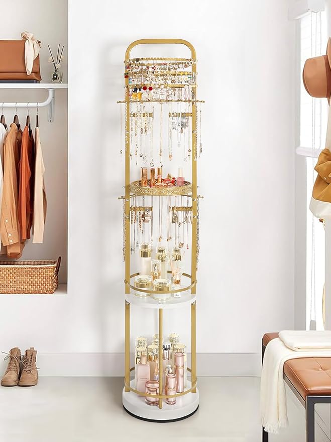 Jewelry Holder Organizer, Floor Jewelry Organizer with Earring Organizer Necklace Holder, Rotating Jewelry Stand Necklace Display Earring Storage, Large Hanging Jewelry Tree for Jewlery Bracelet Ring