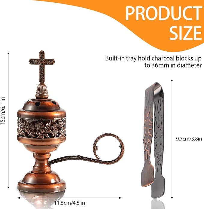 Copper Incense Burner with Tong – Frankincense Charcoal Incense Stand Aromatherapy, Yoga, Spa, Home Decor, and Church Use – Compact & Durable Bakhoor Holder