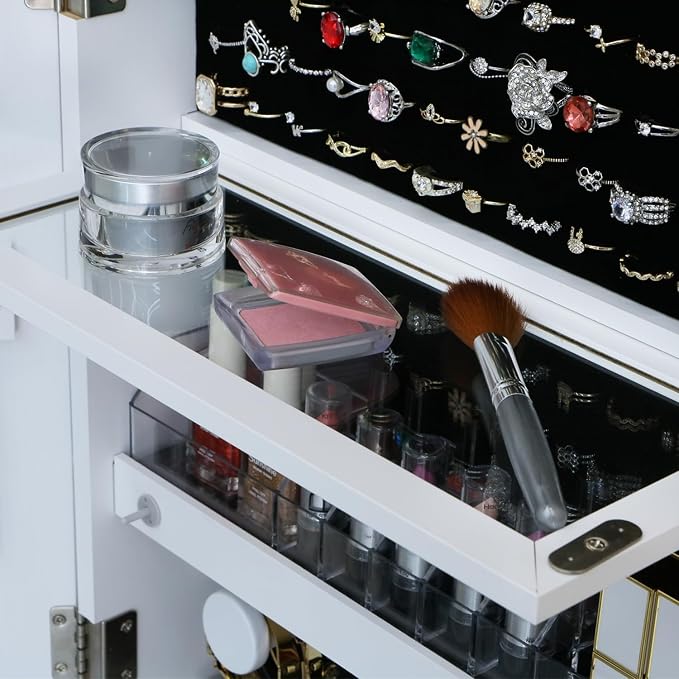 Jewelry Cabinet Standing Mirror with Drawers Wheels Full Length Mirror Jewelry Storage with Touch Screen Vanity Mirror Rotatable Jewelry Armoire Organizer with Lock White Christmas Gift for Women