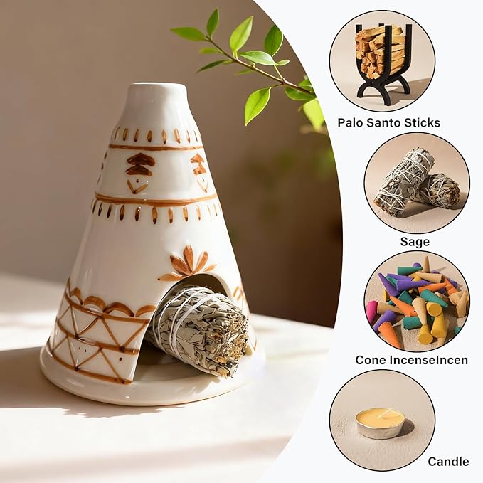 MOUGIGI Handcrafted Palo Santo Holder Ceramic Chimney Incense Burner - Tent Shape - Safe for Palo Santo Sticks Sage & Incense Cones for Meditation Yoga Zen Altar Aromatherapy - Thoughtful Gift Idea