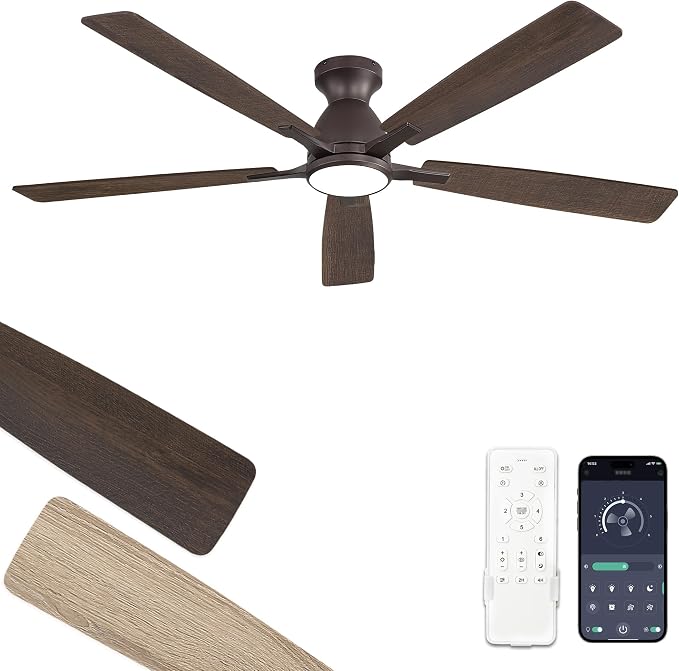 Fanbulous 60" Flush Mount Ceiling Fan with Light, Remote & App, Oil Bronze | 3CCT 20W LED, 6-Speed Quiet Reversible Motor, Modern Low Profile Flush Mount, Ideal for Bedroom/Living Room/Kitchen.