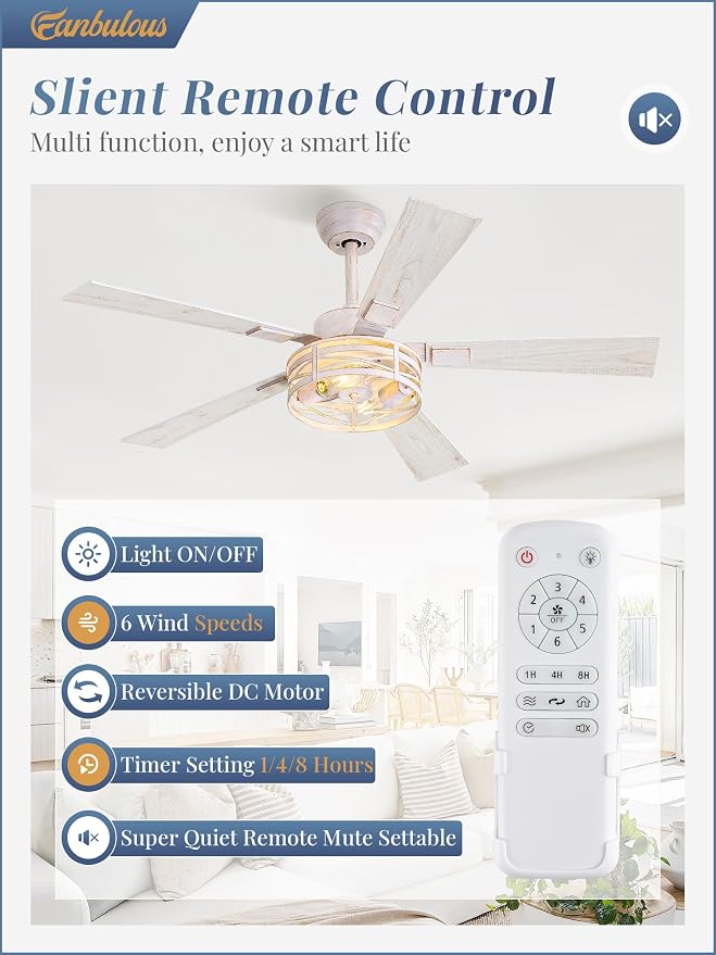 Farmhouse Ceiling Fans with Light, 48 Inch Bedroom Ceiling Fan with Lights, 6-Speed Adjustable, Quiet and Reversible DC Motor, 5 Dual Finish Blades, Rustic Caged Ceiling Fan，White and Gold Color