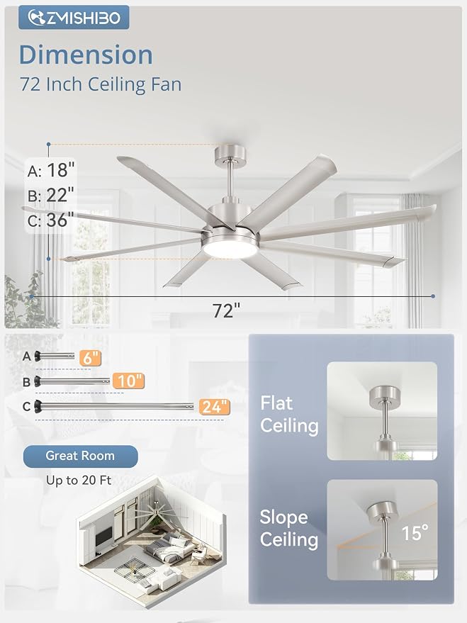 ZMISHIBO 72 Inch Ceiling Fans with Lights, Indoor/Outdoor Industrial Ceiling Fan with 8 Aluminum Reversible Blade, Quiet DC Motor, 3CCT&6-Speed Remote Control, Damp Rated for Living Room/Garage/Gazebo