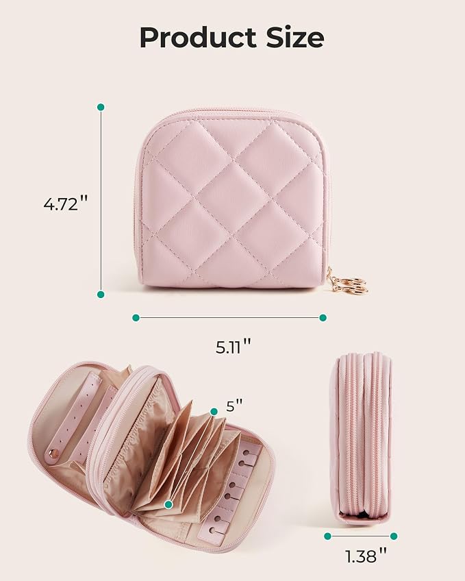 BAGSMART Travel Jewelry Case, Leather 2-Zip for Rings Necklaces | 2 zippered pockets, removable inner pocket, 3 tangle-free clips, 3 elastic pockets, 2 leather snap straps for rings/earrings
