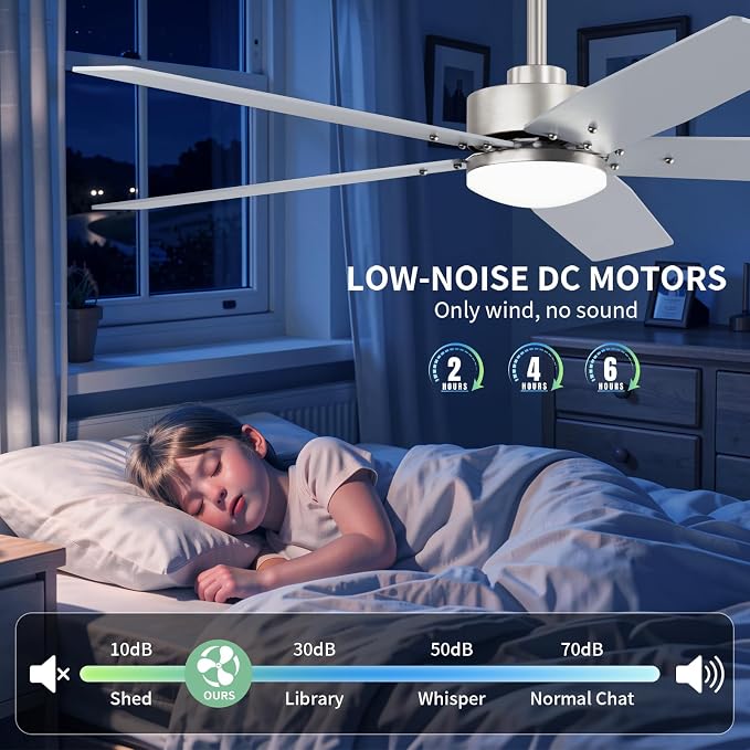 52 Inch Ceiling Fans with Lights and Remote for Bedroom Living Room Kitchen Home Office Indoor/Outdoor, 18W 3CCT Dimmable, Dual Color 5 Blades 6 Speed Reversible Quiet DC Motor, Sand-nickel/Wood Grain