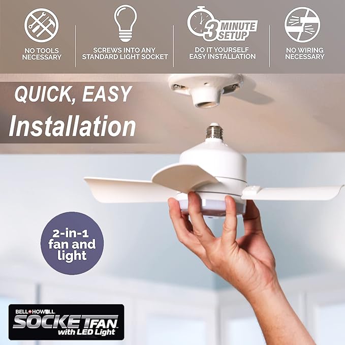 Bell+Howell Socket Breeze Modern Ceiling Fans with LED Lights, 10" LED E26 Screw Base Mini Light Socket Fan for Bedroom, Living Room, Kitchen, Balcony