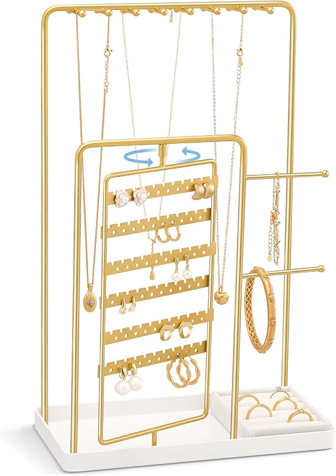 ProCase Jewelry Stand Holder Organizer and Storage, Gold, Large | Rotating Earring Bracelet Holder Storage, Hanging Jewelry Display Velvet Ring Tray, Teen Girls Birthday Gifts Room Dorm Decor