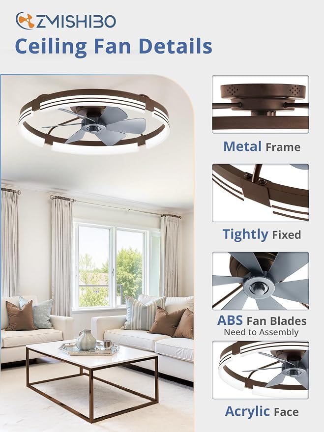 ZMISHIBO 24 Inch Low Profile Ceiling Fans with Lights and Remote, 3000K-6000K Dimmable Fandelier LED Fan Light, Flush Mount Ceiling Fan with Light, 6 Wind Speeds Ceiling Fans for Bedroom- Brown