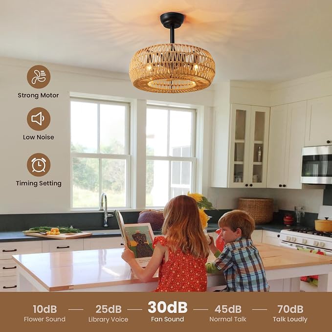 20" Boho Caged Ceiling Fan with Lights Remote Control, Rattan Cage Low Profile Bladeless Ceiling Fan, Farmhouse Ceiling Fans with Light for Kitchen, Bedroom, Dining Room