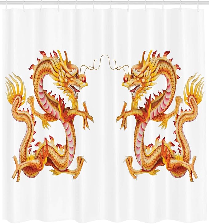 Ambesonne Dragon Shower Curtain, Twin Dragon Zodiac Statues Art Chinese Philosophy Themed Picture, Cloth Fabric Bathroom Decor Set with Hooks, 69" W x 70" L, Vermilion Yellow