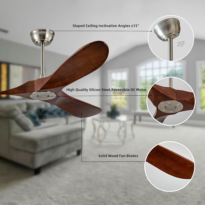 52'' Ceiling Fan Without Light, Remote Control, Wooden Modern Vintage Ceiling Fan for Indoor Outdoor, Bedroom, Dining Room, Terrace, Living Room, Farmhouse, Office (Brushed Nickel+Dark Walnut)