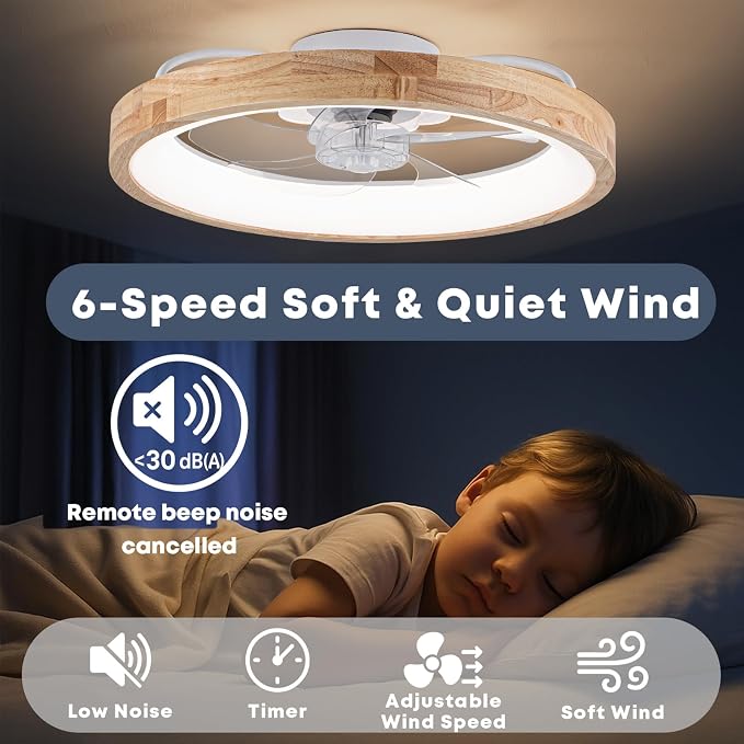 Fszdorj 20'' Ceiling Fan with Light and Remote, Low Profile Ceiling Fan with Light, Dimmable Flush Mount Ceiling Fan Light, 6 Speeds Fan, App&Remote Control, Fandelier Quiet Fan for Bedroom F126