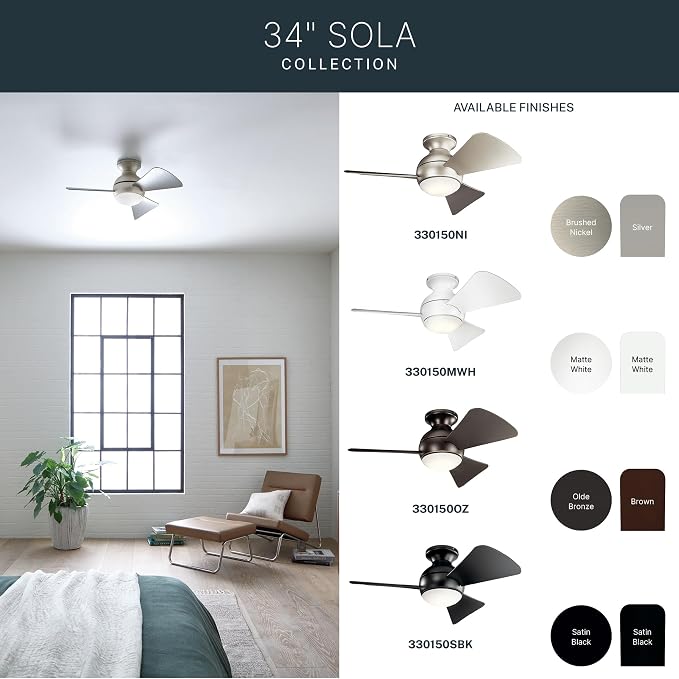 Kichler 330150MWH 34 Inch Sola Ceiling Fan LED, 3 Speed Wall Control Full Function, Matte White Finish with Matte White Blades