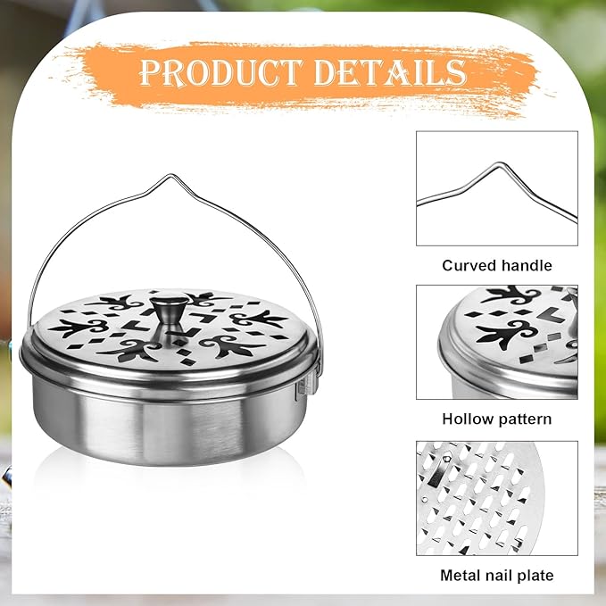 4 Pieces Mosquito Coil Holder Portable Mosquito Incense Holder with Handle Round Metal Sandalwood Incense Burner for Home Camping Indoor Outdoor Patio (Silver)