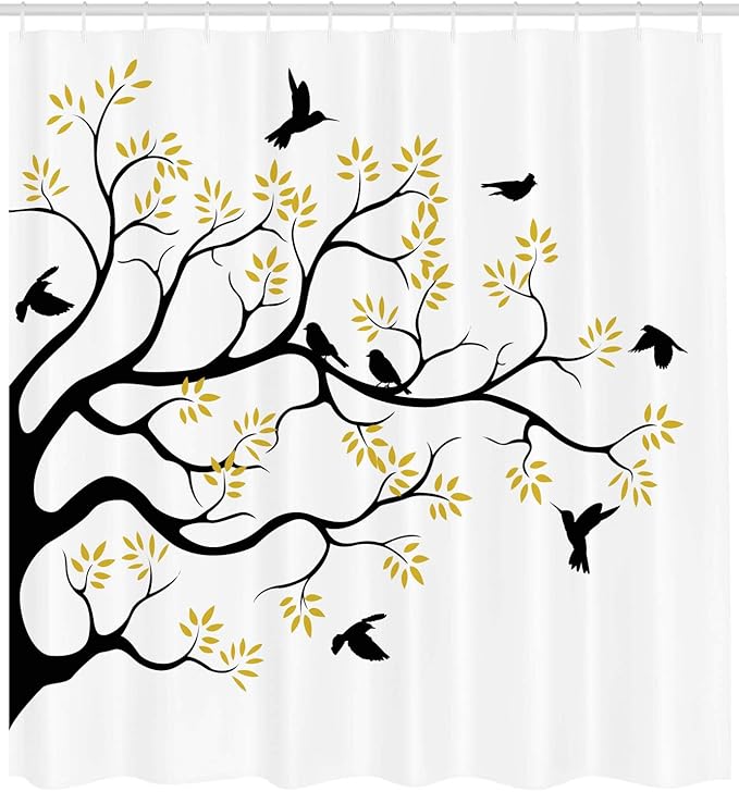 Ambesonne Birds Shower Curtain, Flying and Sitting Birds on The Tree Branch Flowers Weed Nature Peace Theme, Cloth Fabric Bathroom Decor Set with Hooks, 69" W x 70" L, White Yellow