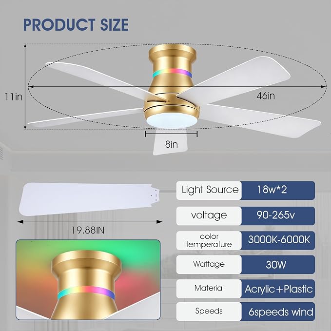 Surtime 46" Ceiling Fans with RGB Lights - Flush Mount Ceiling Fan Light with LED 3CCT Dimmable, Modern Low Profile Gold Ceiling Fan with Reversible White Blades