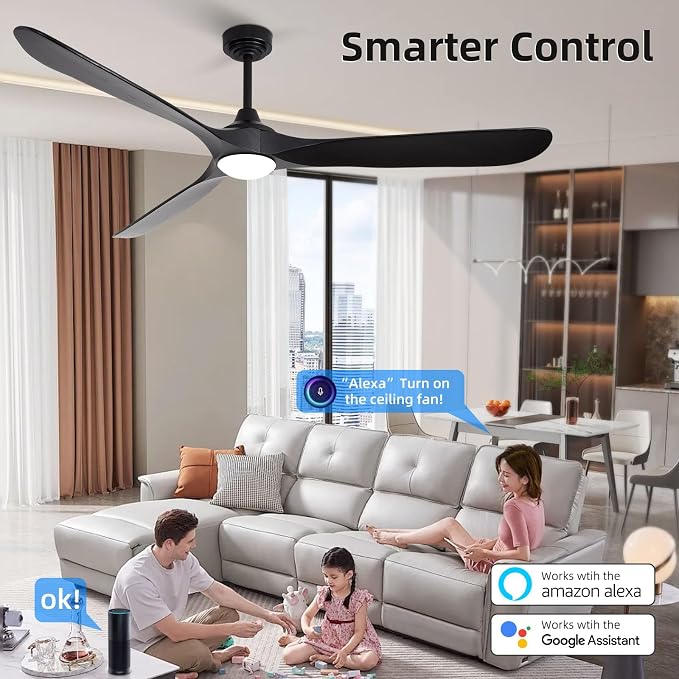 Ceiling Fan with Lights, 72'' Solid Wood Indoor/Outdoor Ceiling Fan with Quiet Reversible DC Motor, Compatible with Alexa/Google/App, 3CCT Dimmable, 6 Speeds Black Outdoor Fan for Patio Porch