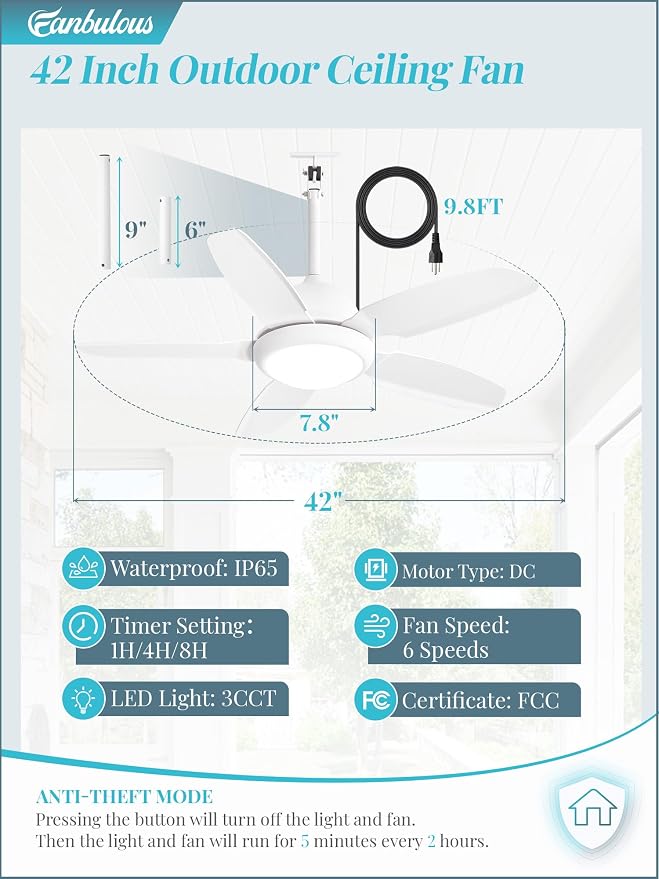 Fanbulous 42 Inch Waterproof Outdoor Ceiling Fan with Light for patio,White | IP65 Wet Rated, 3CCT Dimmable Light,Remote Control,6-Speed DC Motor, Plug-in Cord, Hanging Hook for Gazebo, Porch, Pergola.