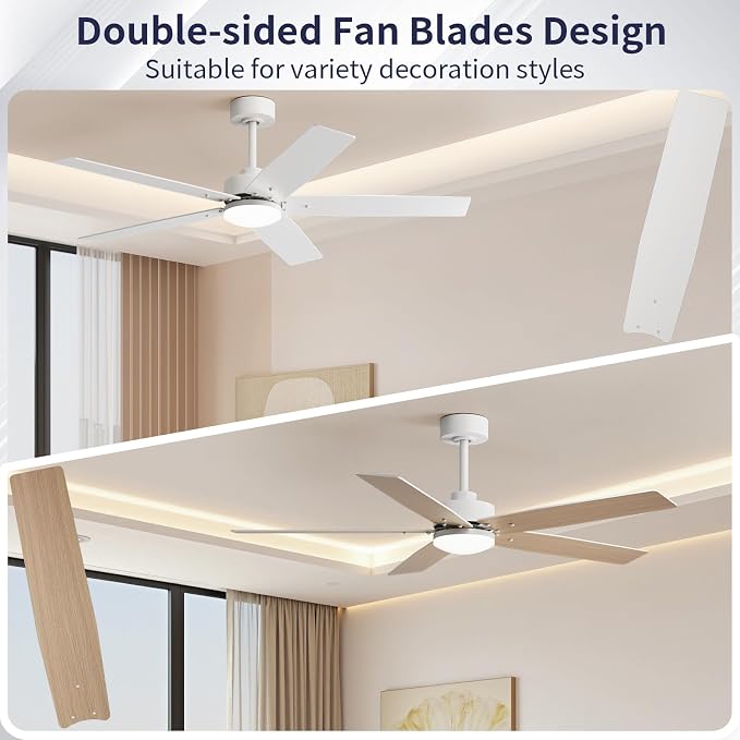 52 Inch Ceiling Fans with Lights and Remote for Bedroom Living Room Kitchen Home Office Indoor/Outdoor, 18W 3CCT Dimmable, Dual Color 5 Blades 6 Speed Reversible Quiet DC Motor, White/Wood Grain
