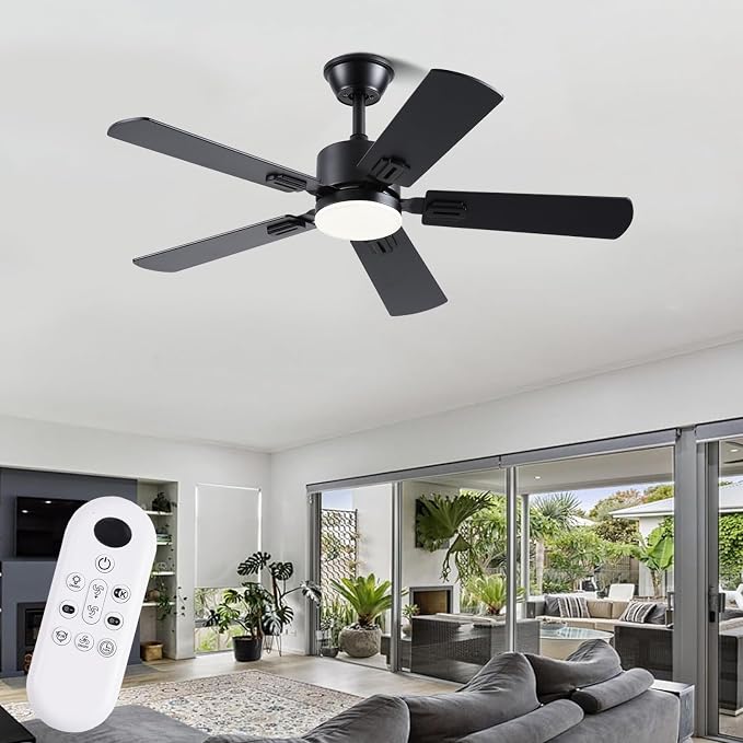 FUMLTP 42 inch Modern Ceiling Fans with Lights APP/Remote Control, Low Profile Reversible 6 Speeds Ceiling Fan Light for Indoor/Outdoor Patio Bedroom Living Room,Black