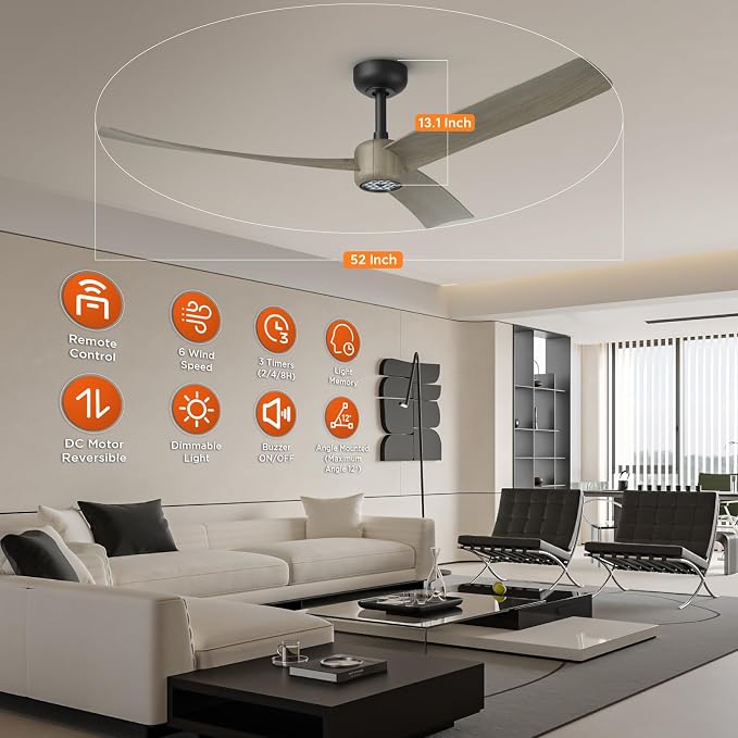 TALOYA 52 Inch Ceiling Fans with Lights Led Remote Control Flush Mount Low Profile for Living Room Bedroom Outdoor Patio,DC Motor,Reversible,Dimmable,Buzzer ON/Off,3 Blades,Black Walnut