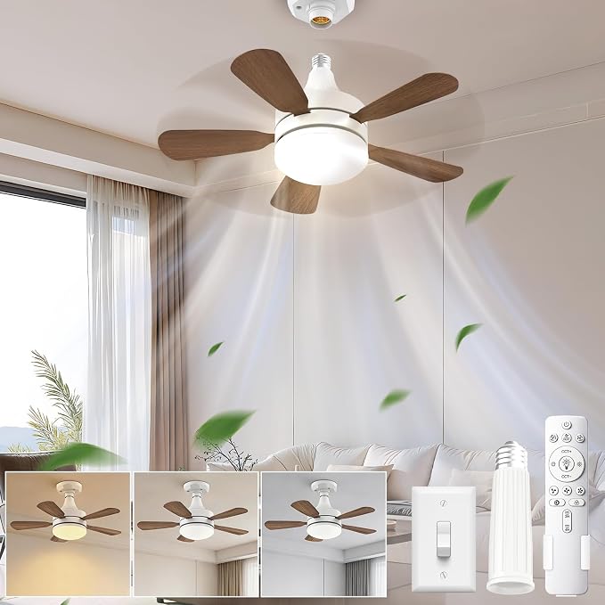 17.7" Socket Fan Light, E26/E27 Light Bulb Fan with Reversible Motor, 3000 Lumens Small Ceiling Fans with Lights and Remote, Dimmable 3000K-6500K for Bedroom Kitchen Living Room Garage