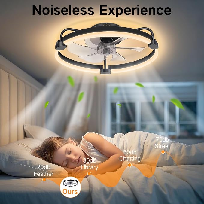 OUTON 20" Ceiling Fan with Light, Remote & App Control, Fandelier Low Profile Flush Mount Ceiling Fan with 3000K-6500K Stepless Dimmable, 6 Speed, Quiet DC Motor, Small Modern Ceiling Fans for Bedroom