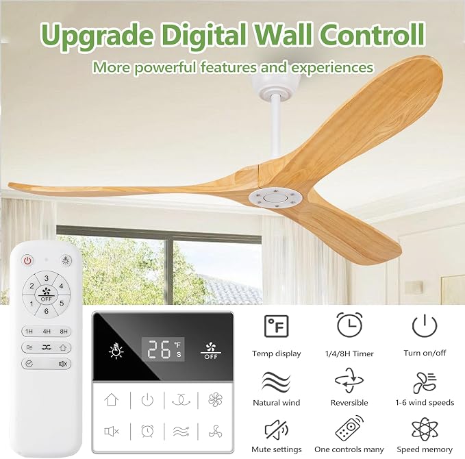 60 Inch Natural Wood White Ceiling Fan No Light,Propeller Outdoor Ceiling Fans Without Lights with Wall Switch and Remote Control,Quiet DC Motor,3 Blades Ceiling Fan for Patios,Pavilion