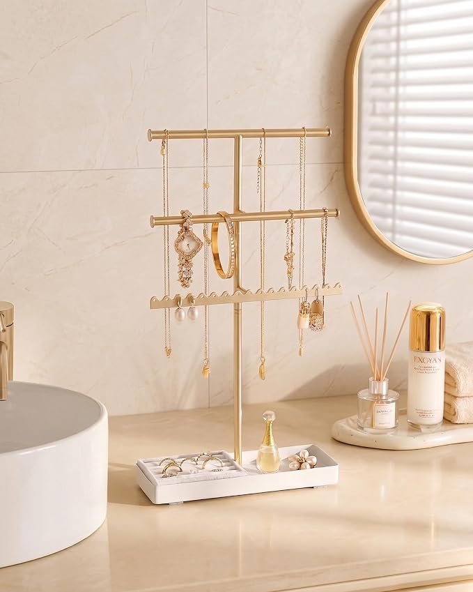 Lolalet 3-Tier Jewelry Organizer Stand, Metal Jewellery Holder, Dresser Display Rack for Necklace Earring Bracelets Rings, Gift for Women Girls -Gold