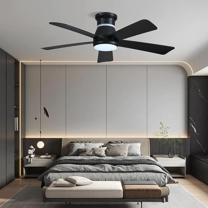 Surtime 46" Black Ceiling Fans with RGB Lights - Flush Mount Ceiling Fan Light with LED 3CCT Dimmable, Modern Low Profile Ceiling Fans for Indoor Party,Covered Outdoor