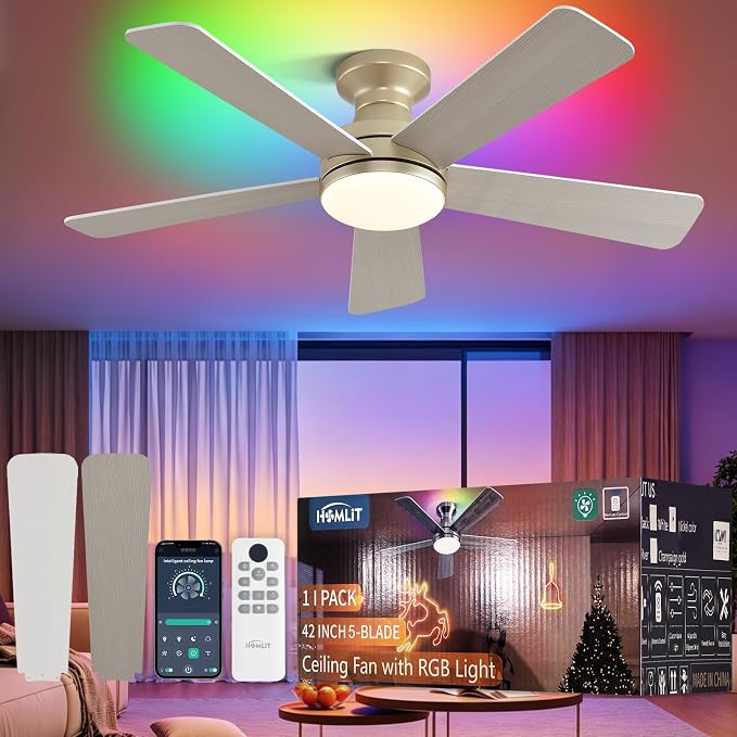 42" RGB Ceiling Fan with Light, App & Remote Controlled Flush Mount Ceiling Fan, Music Sync Lighting, 6-Speed Quiet Reversible DC Motor, 4CCT Dimmable for Bedroom Living Room, Champagne Gold