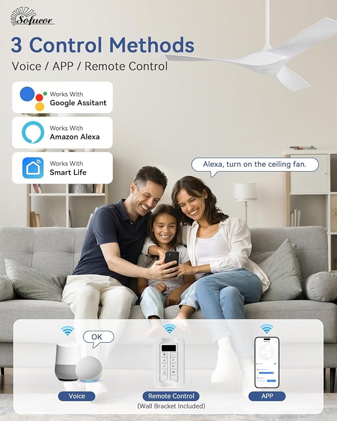 Sofucor 52 Inch Smart Ceiling Fan No Light, Modern Ceiling Fan with 3 Plastic Blades, Compatible with Alexa/Google/App, 6 Speeds 4500CFM, Timer Quiet Reversible DC Motor, ETL/FCC