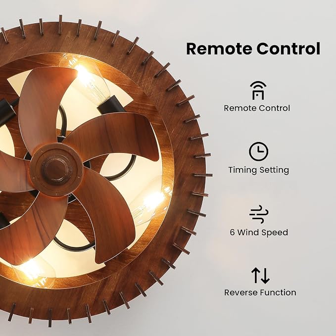 20" Flush Mount Ceiling Fan with Light, Wooden Caged Low Profile Fandelier with Remote, 6-Speed Reversible Bladeless Fan, Farmhouse Ceiling Fan for Bedroom, Kitchen, Living Room