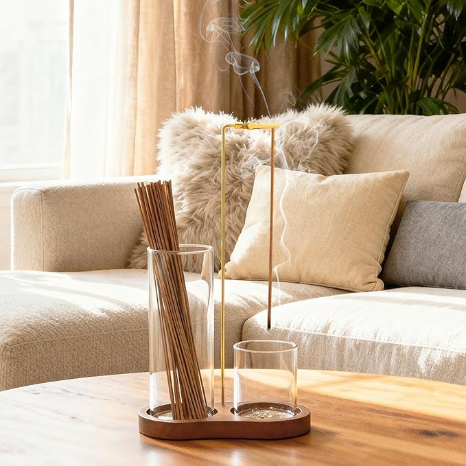 2 in 1 Incense Holder for Sticks, Anti-Ash Flying Incense Burner with Glass Ash Catcher and Incense Sticks Organizer for Meditation Yoga Spa Home Decor