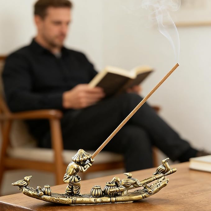 Vintage Solid Brass Bamboo Raft Fisherman Figurines, Incense Holder Zen Decor for Tea Table, Home Office Collectible Sculpture for Zen Enthusiasts Tea Lovers