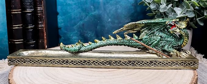 Ebros Gift Celtic Metallic Colored Green Dragon Looking Back Incense Burner Holder Decorative Figurine Aromatherapy Home Fragrance Accessory Dungeons Dragons Medieval Theme