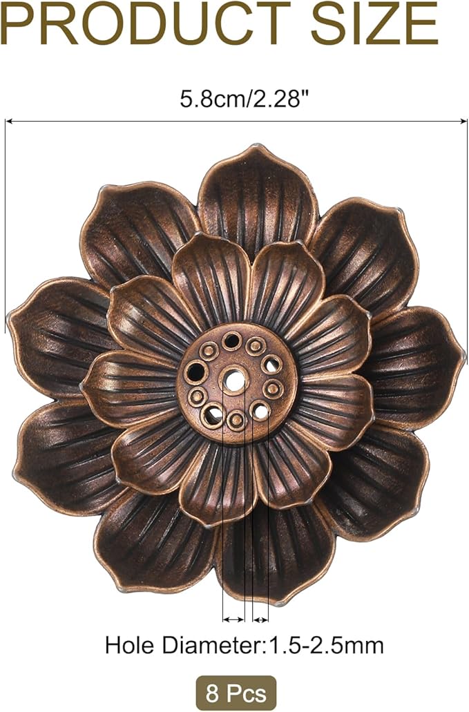 uxcell 8pcs Incense Burner Kit, Brass Lotus Stick Incense Holder 6 Incense Holes Detachable Ash Catcher for Yoga, Meditation, Copper