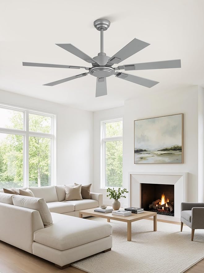 ZMISHIBO 52“ Ceiling Fans No Light with Remote, Silver Modern Ceiling Fan Without Light, Quiet Reversible DC Motor, 6 Speeds, 7 Blades Indoor/Outdoor Ceiling Fan for Living Room Bedroom Patio Garage