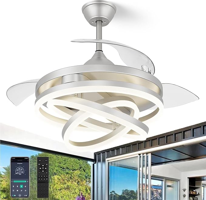 FIDGRA 42 Inch Retractable Ceiling Fan, Chandelier Ceiling Fans with Lights, Silent DC Motor, 6 Speeds, 3 Color Changing for Bedroom Living Room (Silver)