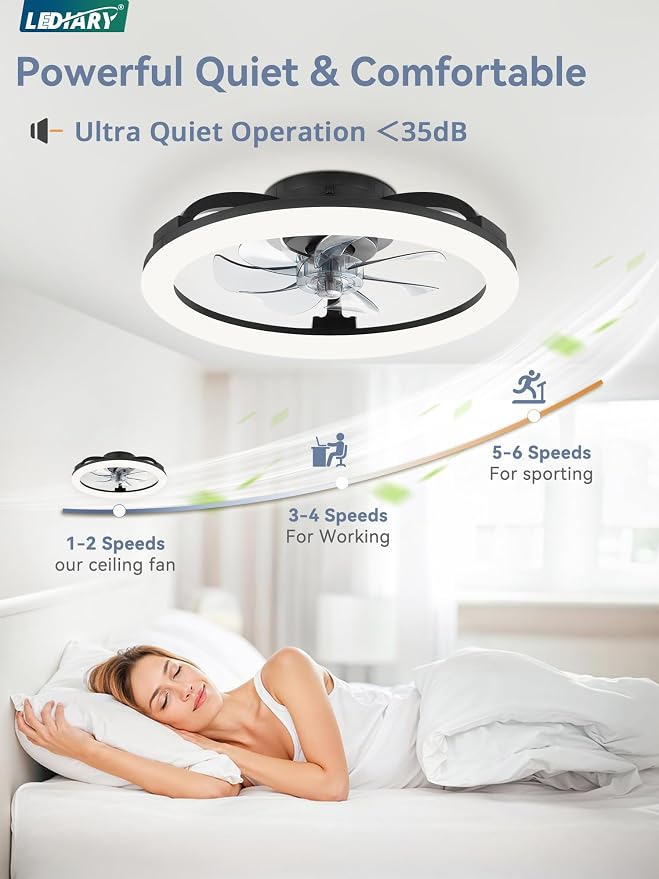LEDIARY 2 Pack 20 Inch Low Profile Ceiling Fans with Lights and Remote, Dimmable Modern Fan Light(3000K-6000K), 6 Speed, Reversible, APP & Remote Control, Flush Mount Ceiling Fan for Bedroom, Black