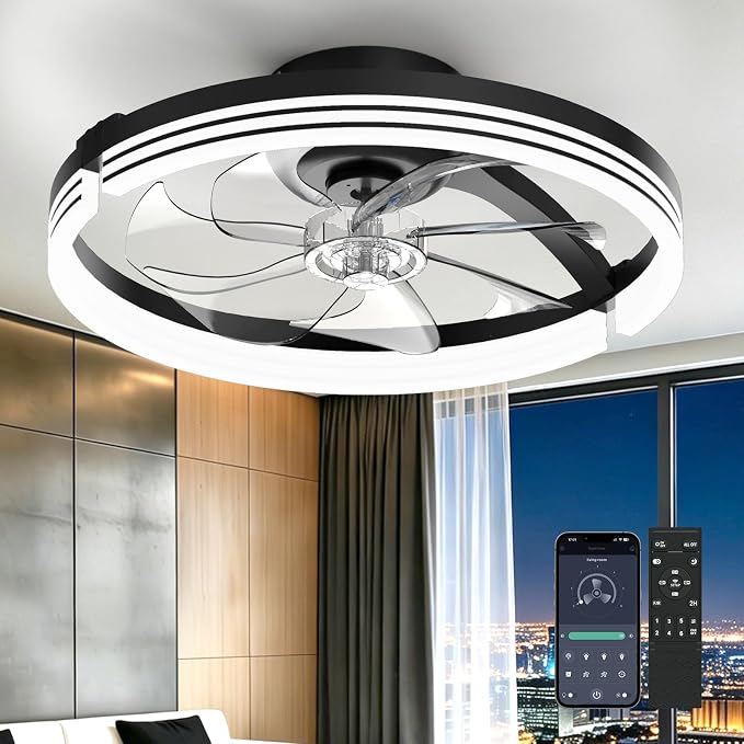 AIKVSXER Ceiling Fans with Lights and Remote, 20'' Low Profile Ceiling Fan with APP Control, 3000K-6500K Dimmable, Quiet Reversible DC, Modern Flush Mount Fandelier for Bedroom (Black-Stripe)