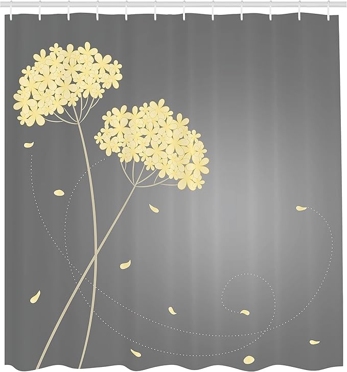Ambesonne Allium Flower Shower Curtain, Floral Design with Swirl Lines Falling Leaves Autumn Inspired, Cloth Fabric Bathroom Decor Set with Hooks, 69" W x 84" L, Pastel Yellow