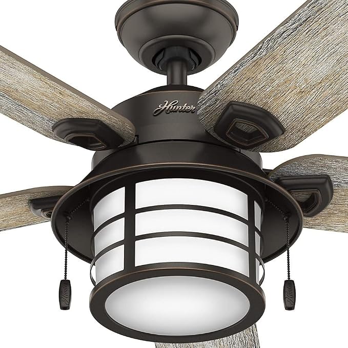 Hunter Key Biscayne, Outdoor or Indoor, Ceiling Fan, 54 inch, Onyx Bengal | with LED Light, Rustic, Standard Mount, Pull Chain, For Bedroom, Living Room, Patio, 59273