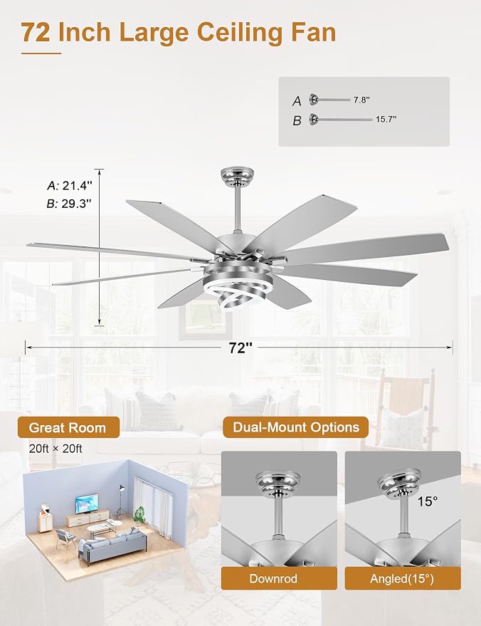 72" Large Modern Ceiling Fans with Lights and Remote Control | Remote control, 6-speed reversible DC motor, dimmable, 3 adj rings, dual finish; recommended for living room and kitchen.