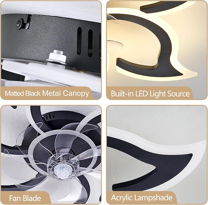 35" Black Modern Ceiling Fan with Light Remote Control, 3 Light Color 6 Speeds Samll Low Profile Ceiling Fan for Bedroom Kitchen
