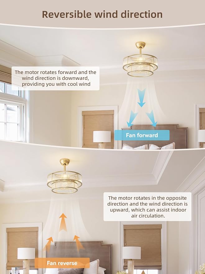 Gold Fandelier Ceiling Fans with Lights, 20" Gold Crystal Chandelier Ceiling Fan with Light Remote Control, Caged Mid Century with 6 Speeds for Bedroom, Living Room, Nursery